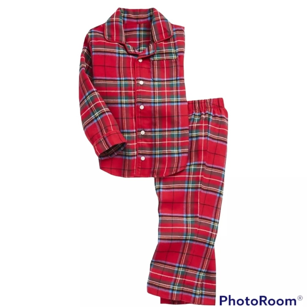 New Gap Kids Flannel Red Plaid Tartan Holiday Pajama Top & Bottom Set Christmas